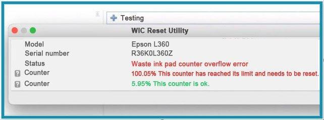 Epson L360 printer's waste ink counter status