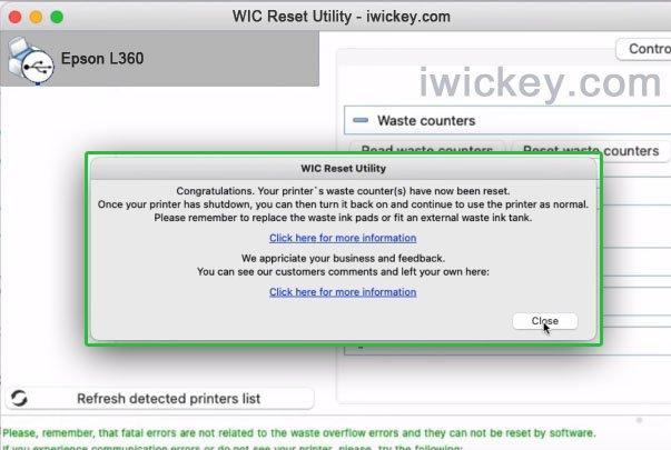 Reset Epson L360 printer's waste ink counter successful