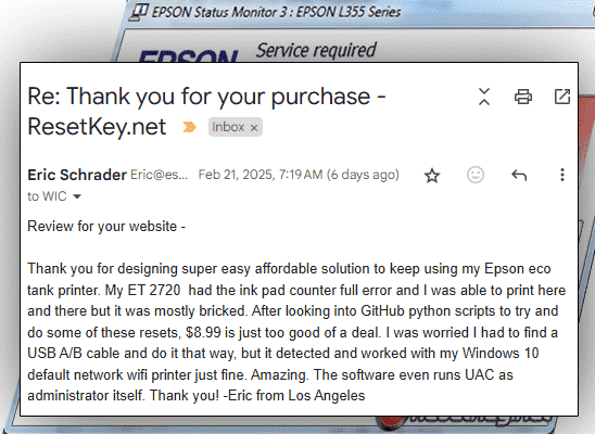 Screenshot of a customer's email review about the service of ResetKey.net